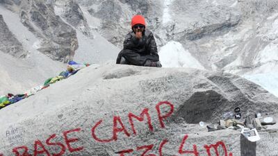Oscar Pacheco at Everest base camp after his long trek.