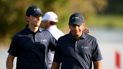 ABU DHABI, UNITED ARAB EMIRATES - JANUARY 14: Nicolai Hojgaard and Francesco Molinari of the Continental Europe team celebrates after winning their match play on the 17th hole during the afternoon foursomes on Day Two of the Hero Cup at Abu Dhabi Golf Club on January 14, 2023 in Abu Dhabi, United Arab Emirates. (Photo by Ross Kinnaird / Getty Images)