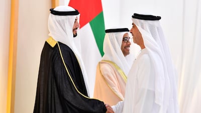 Sheikh Saif bin Zayed, Deputy Prime Minister and Minister of Interior, congratulates Saeed Al Gergawi on his wedding. Wam