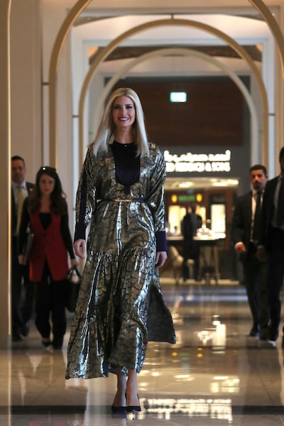 Ivanka Trump wears Emirati brand Layeur at Jumeirah Al Naseem Hotel, Dubai. AP