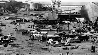 A mass of burnt vehicles in the harbour area of Beirut after the outbreak of civil war in 1975. Getty Images