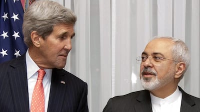 US Secretary of State John Kerry with Iran's Foreign Minister Mohammad Javad Zarif. (Brian Snyder/ AP)