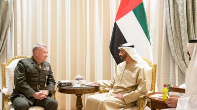 Sheikh Mohamed meets General Kenneth F. McKenzie Jr, Commander of US Central Command at Al Shati Palace. Mohamed Al Hammadi / Ministry of Presidential Affairs