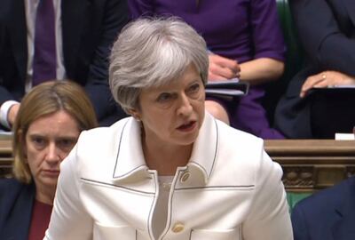 Britain's then prime minister Theresa May making a statement in the House of Commons in April 2018 over her decision to launch air strikes against Syria. PA
