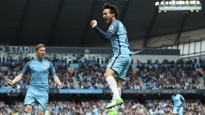 David Silva celebrates after opening the scoring for Manchester City against Crystal Palace after 114 seconds. Mark Robinson / Getty Images