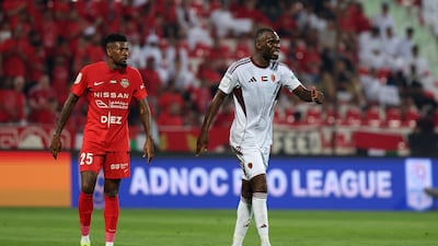 Al Wahda striker Christian Benteke, right, during a UAE Pro League match against Shabab Al Ahli at the Rashid Stadium in Dubai. Chris Whiteoak / The National