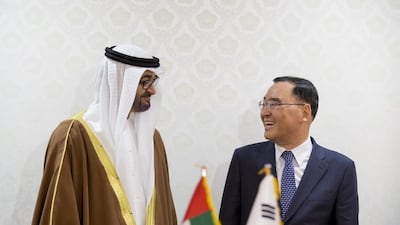 Sheikh Mohammed bin Zayed, Crown Prince of Abu Dhabi and Deputy Supreme Commander of the Armed Forces, with the South Korean prime minister, Jung Hong-won, in Seoul yesterday. Ryan Carter / Crown Prince Court – Abu Dhabi