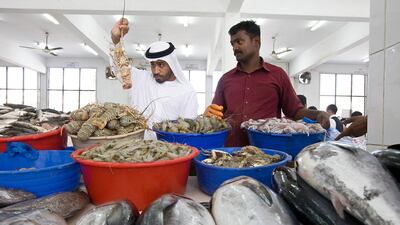 A customer looks through a basket of lobsters as a fisherman waits to package his choice at the Ras Al Khaimah Fish Market. Amy Leang / The National