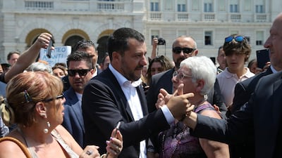 Italy's deputy prime minister Matteo Salvini is greeted by supporters in Trieste, Italy, Friday, July 5, 2019. AP