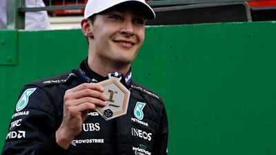 Mercedes driver George Russell, of Britain, celebrates winning the Sprint Race qualifying session at the Interlagos racetrack, in Sao Paulo, Brazil, Saturday, Nov. 12, 2022. The Brazilian Formula One Grand Prix will take place on Sunday. (AP Photo / Marcelo Chello)