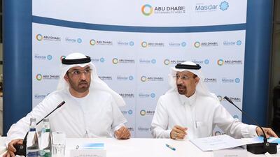 Sultan Al Jaber, UAE minister of state and chairman of clean energy company Masdar, left, and Khalid Al Falih, Saudi Arabia’s minister of energy. A large delegation from the kingdom is attending events throughout Abu Dhabi Sustainability Week. The Saudi Government is set to tender for its National Renewable Energy programme and is seeking insights from the UAE’s experience of renewable energy development, Mr Al Falih said. Courtesy Masdar