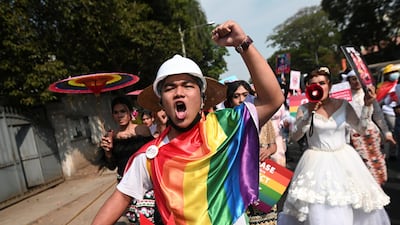 Members of the LGBTQ community protest against the military coup in Yangon. REUTERS