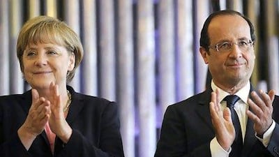 Angela Merkel, the German chancellor, with François Hollande, the French president, in Reims, France. Yoan Valat / Reuters