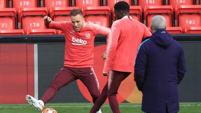 Barcelona midfielder Arthur takes part in training at Anfield ahead of the Uefa Champions League semi-final, second leg against Liverpool. AFP