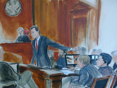 In this courtroom sketch, Assistant US Attorney David Denton points at the defendant Mehmet Hakan Atilla, right, during opening arguments of his trial at the New York federal court. Denton said Atilla, deputy CEO of Halkbank, was the architect of a "massively successful" scheme to dupe US banks into letting Iran move money around the world. Elizabeth Williams via AP