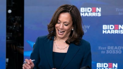 Democratic presidential candidate former Vice President Joe Biden's running mate Senator Kamala Harris signs required documents for receiving the Democratic nomination for President and Vice President of the United States in Wilmington, Delaware, Friday, August 14, 2020. AP