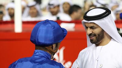 Trainer Saeed bin Suroor congratulates jockey Christophe Soumillon. Chris Whiteoak / The National