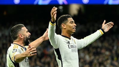 Jude Bellingham celebrates scoring Real Madrid's second goal in the 4-2 win over Napoli. AFP