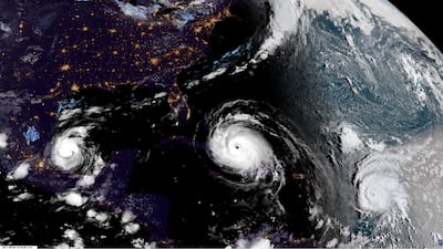 Hurricane Irma, centre, on its approach to Cuba and Florida, with Hurricane Katia, left, in the Gulf of Mexico, and Hurricane Jose, right, in the Atlantic Ocean. AP