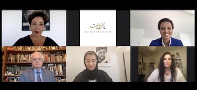 Clockwise from top left: Raghida Dergham, Najat Vallaud-Belkacem, Nadine Labaki, Noura Al Kaabi and Mikhail Piotrovsky take part in the Beirut Institute Summit e-Policy Circle. Facebook / Beirut Institute
