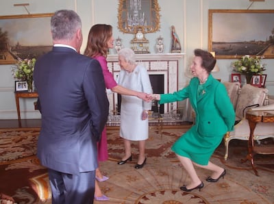 Princess Anne, Princess Royal greets Queen Rania of Jordan. Getty Images