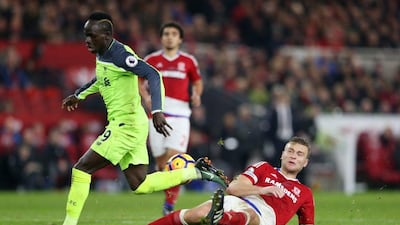 Middlesbrough’s Ben Gibson in action with Liverpool’s Sadio Mane. Scott Heppell / Reuters