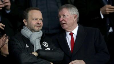 Manchester United executive vice-chairman Ed Woodward, left, alongside former manager Alex Ferguson at Old Trafford. PA