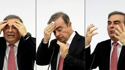 Renault-Nissan boss Carlos Ghosn addresses a large crowd of journalists in 2021 on his reasons for dodging trial in Japan, where he is accused of financial misconduct, at the Lebanese Press Syndicate in Beirut. AFP