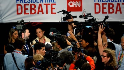 Republican Senator JD Vance speaks to reporters in the spin room following the debate. Getty Images / AFP