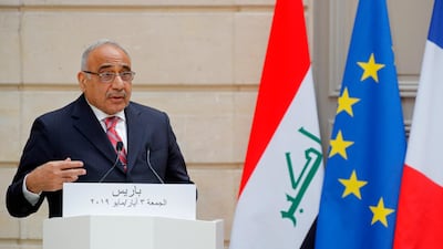 Iraq's Prime Minister Adel Abdul Mahdi speaks during a joint statement with French President at the Elysee Palace in Paris, on May 3, 2019. AFP