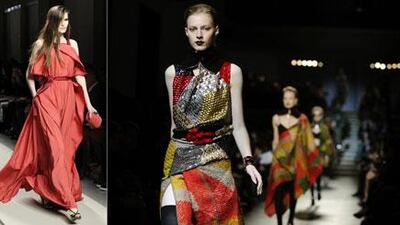 The fluid, semi-draped look from Bottega (left) and Missoni's patchwork parade.