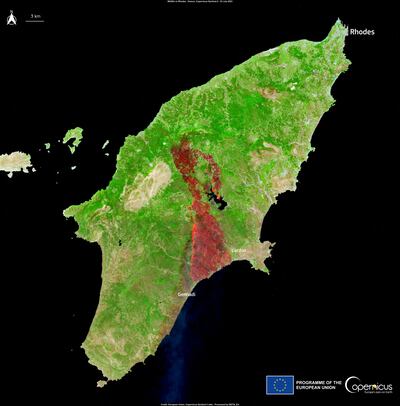 A satellite image shows the area affected by wildfires in Rhodes. Reuters