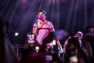 Philippines Vice President Leni Robredo addresses the crowd as workers, activists and other sectoral groups gathered to mark International Labour Day on May 1 in Manila. Getty Images