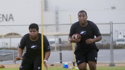 Fahad Al Alawi, left, and Abdullah Al Alawi, in training for the EAFl Falcons U18s. Ravindranath K / The National