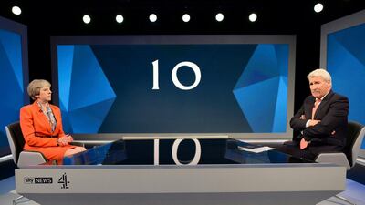 Mrs May, left is interviewed by broadcaster Jeremy Paxman, during a general election broadcast, in London on May 29, 2017/ Pool Photo via AP, File