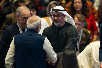 Sheikh Khaled bin Mohamed, Crown Prince of Abu Dhabi greets Indian Prime Minister Narendra Modi at the AI Summit. Photo: Abu Dhabi Media Office