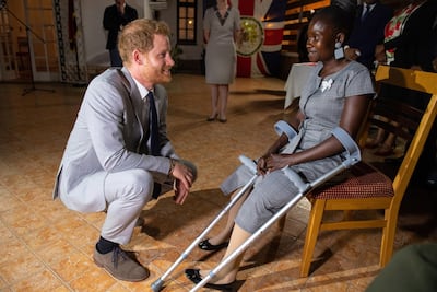 Prince Harry, Duke of Sussex, meets Sandra Thijika. EPA