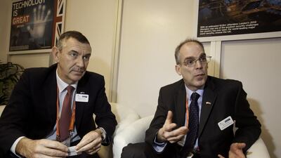 Richard Freeman, left, and Simon Everest from the UK Trade and Investment Defence and Security Organisation at Intersec. Jaime Puebla / The National