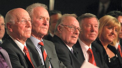 Sir Bobby Charlton, Harry Gregg, Albert Scanlon and Sir Alex Ferguson attend the memorial service to mark the 50th anniversary of the Munich air disaster at Old Trafford on February 6, 2008 in Manchester. Manchester United / Getty Images