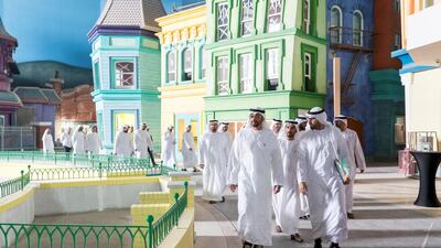 Sheikh Mohammed bin Zayed, Crown Prince of Abu Dhabi and Deputy Supreme Commander of the UAE Armed Forces, and Mohammed Al Mubarak, Chairman of the Department of Culture and Tourism and Abu Dhabi Executive Council Member visit the Warner Bros World Abu Dhabi construction site on Yas Island. Rashed Al Mansoori / Crown Prince Court - Abu Dhabi