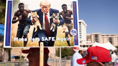 A man in Tucson, Arizona carries an AI-generated image of Donald Trump carrying cats away from Haitian immigrants, a reference to falsehoods spread about Springfield, Ohio. AFP