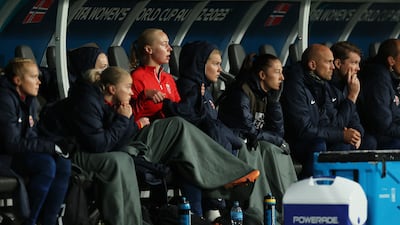 Norway's Ada Hegerberg, centre in hood, on the bench after being withdrawn from starting line-up before kick-off in the Women's World Cup Group A match against Switzerland at Waikato Stadium on July 25, 2023. Getty