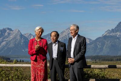 Fed chairman Jerome Powell with Bank of Japan governor Kazuo Ueda and European Central Bank president Christine Lagarde at the Jackson Hole Economic Symposium in Wyoming, on August 2023. Getty Images