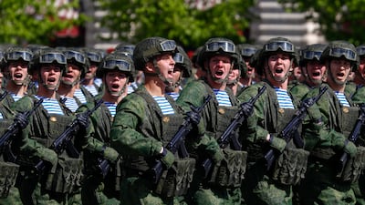 Russian troops march in Moscow. Questions have been raised over whether Russia will have enough reserves to prevent a major Ukraine breakthrough. EPA