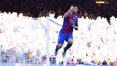Barcelona's Luis Suarez celebrates a goal against Deportivo La Coruna on Saturday. David Ramos / Getty Images / October 15, 2016