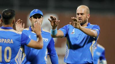 Mirwais Ashraf of Balkh takes the wicket of Ihsanullah of Paktia during the game between Balkh Legends and Paktia Panthers in the Afghanistan Premier League. Chris Whiteoak / The National