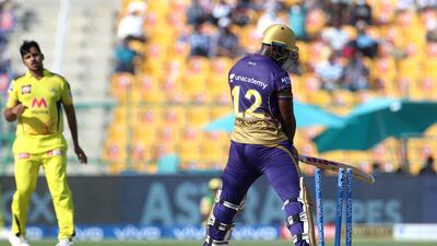 Andre Russell of Kolkata Knight Riders gets clean bowled by Shardul Thakur. Sportzpics for IPL