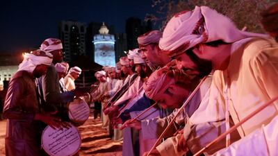 Men dance during the Qasr Al Hosn festival at the Qasr Al Hosn fort in Abu Dhabi on February 16, 2015. Christopher Pike / The National