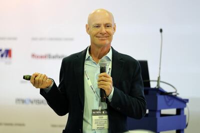 Thomas Edelmann , founder and managing director of RoadSafety UAE, speaking during the Gulf Traffic Conference in Dubai. Pawan Singh / The National