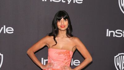 British actress Jameela Jamil wore a Monique Lhuillier gown with jeans underneath. AFP